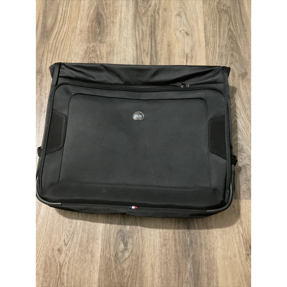 DELSEY Paris Garment Bag Black & Gray Luggage 42”x23”x3” Shoulder Hooks & Strap